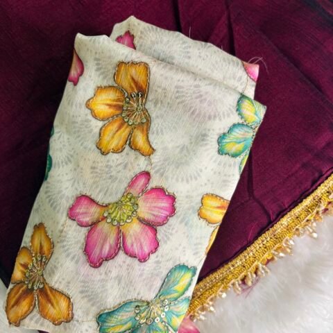Glossy finish borderless saree-with position print blouse