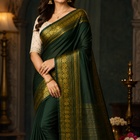 Premium  Mysore Silk Saree with Rich Gold Zari Border with Extra Blouse Attached