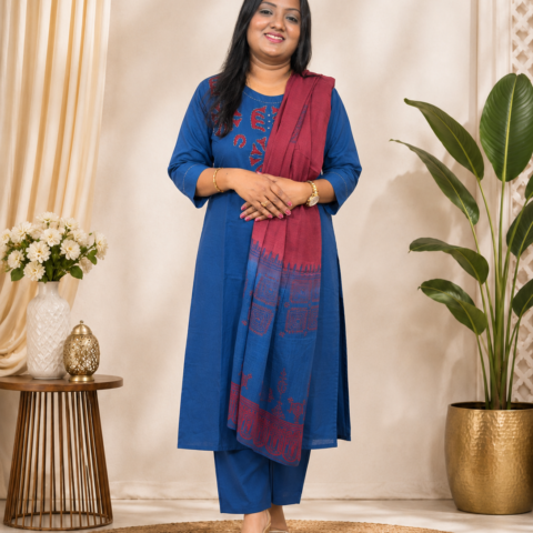 Pure Cotton 3-Piece Suit Set with Kota Doriya Dupatta-Blue Floral Print