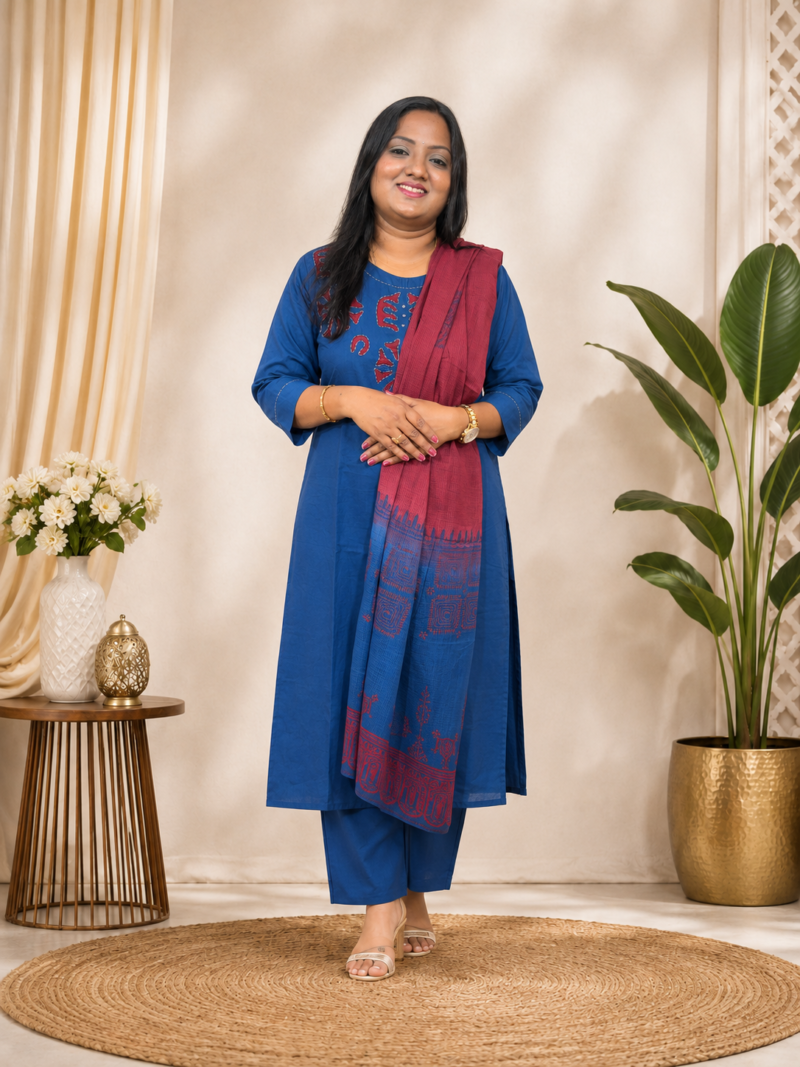 Pure Cotton 3-Piece Suit Set with Kota Doriya Dupatta-Blue Floral Print