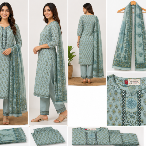 V-Neck Mirror Work-Hand Embroidery 3 Piece Set