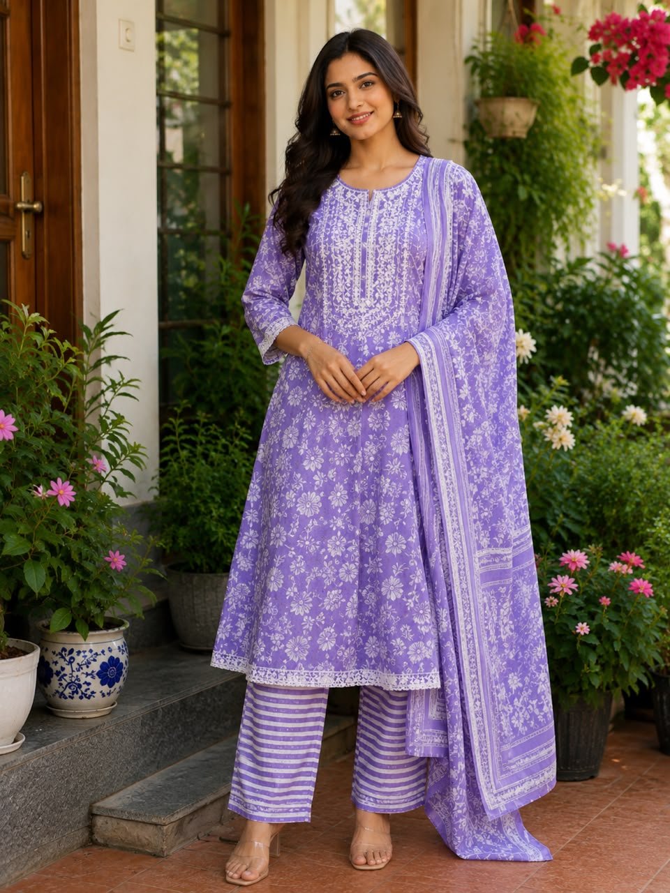 Lavender Bloom A-Line Cotton Suit Set - Image 6