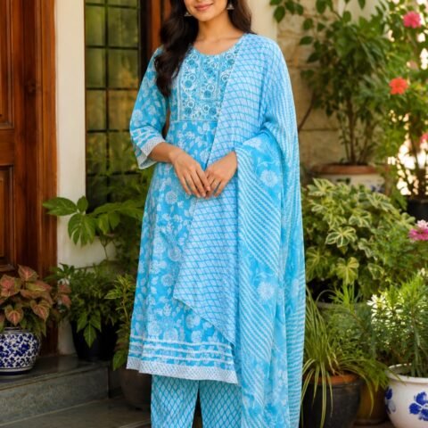 Lavender Bloom A-Line Cotton Suit Set