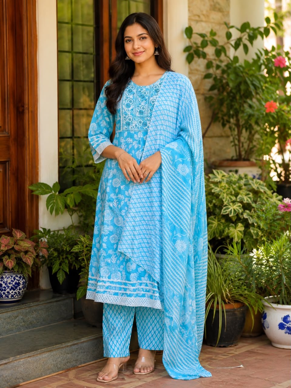 Lavender Bloom A-Line Cotton Suit Set - Image 1