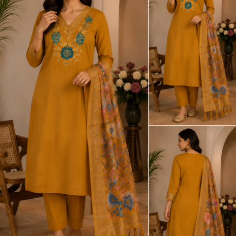 Azure Bloom Embroidered Kurta Set with Floral Dupatta