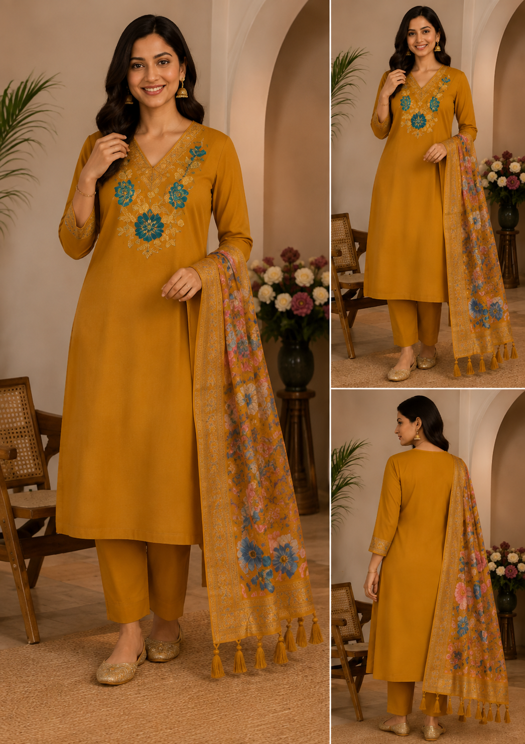 Azure Bloom Embroidered Kurta Set with Floral Dupatta - Image 1