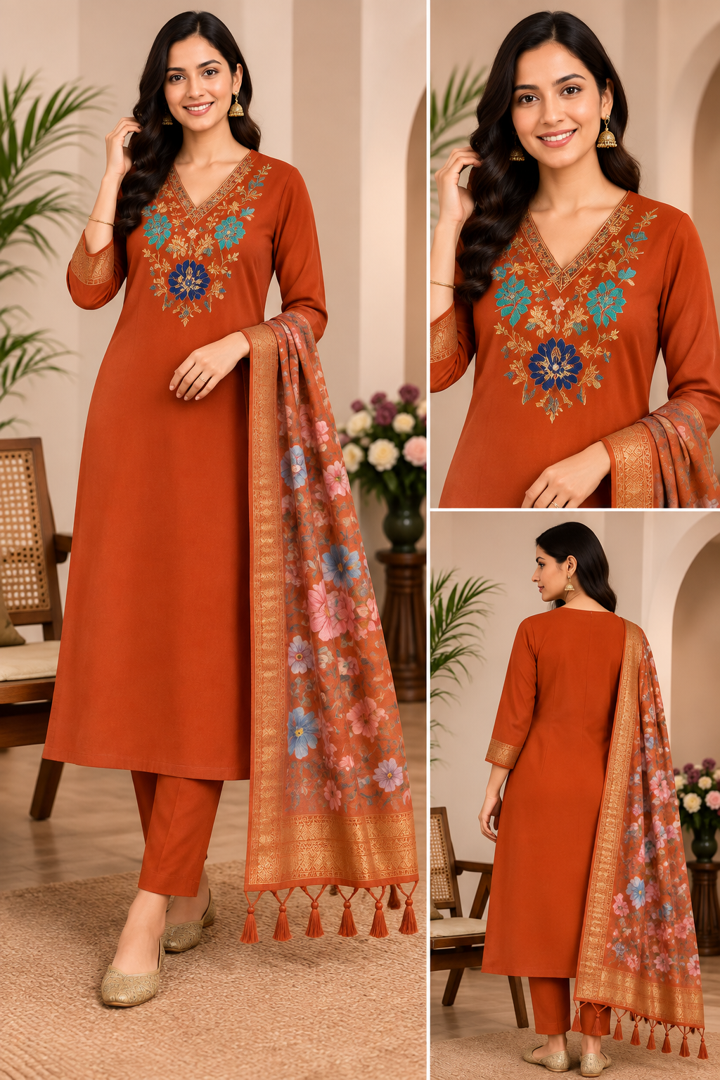 Azure Bloom Embroidered Kurta Set with Floral Dupatta - Image 3