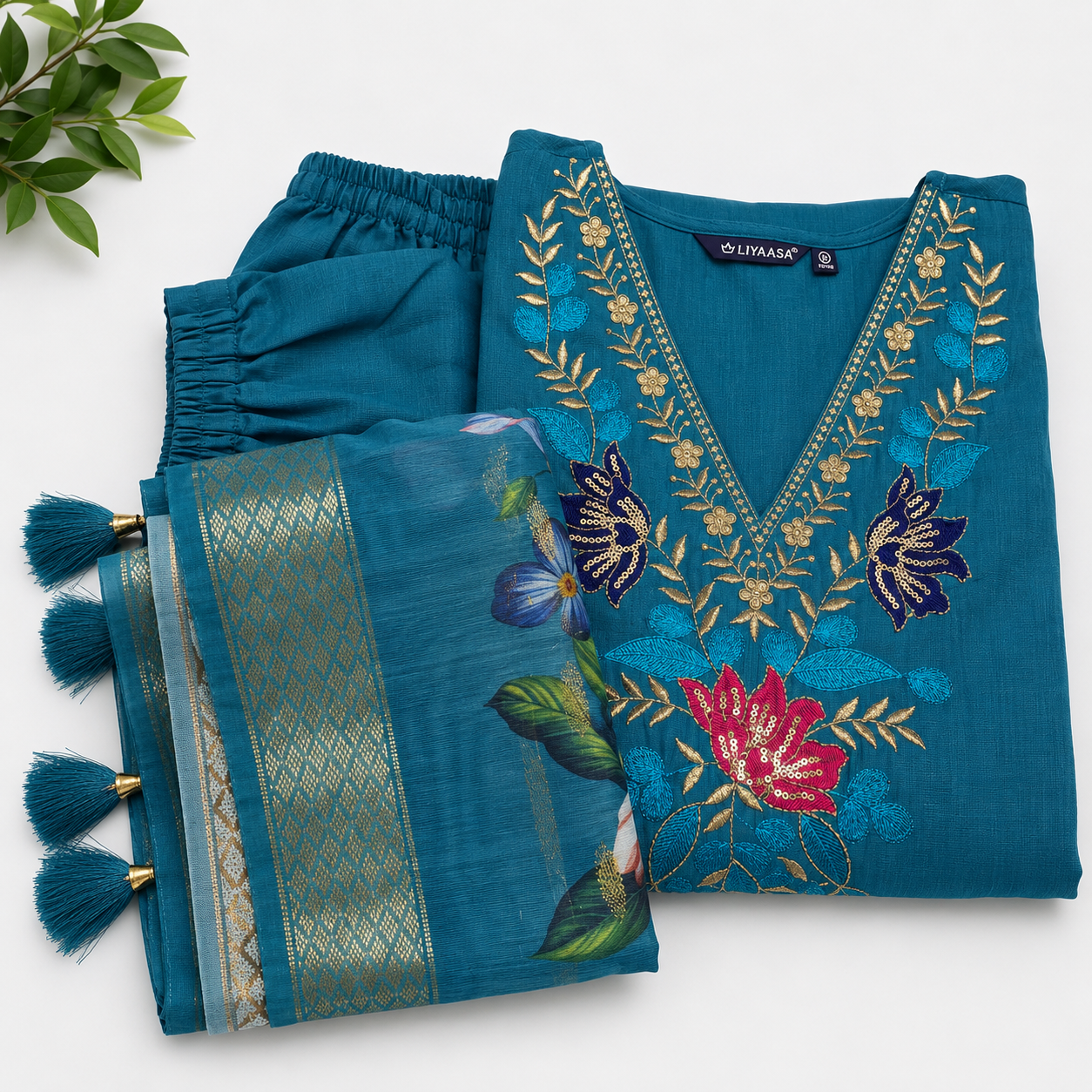 Azure Bloom Embroidered Kurta Set with Floral Dupatta - Image 6