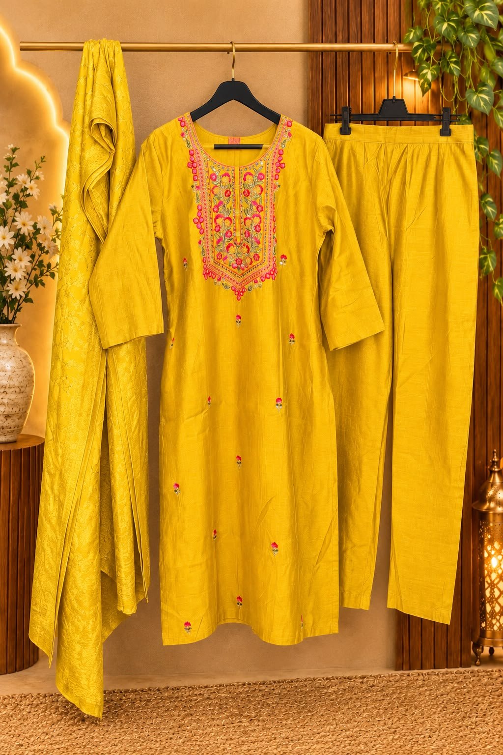 Elegant Yellow Semi-Silk Handwork Top(T.L.47) Pant(P.L.37)& Dupatta Set - Image 1
