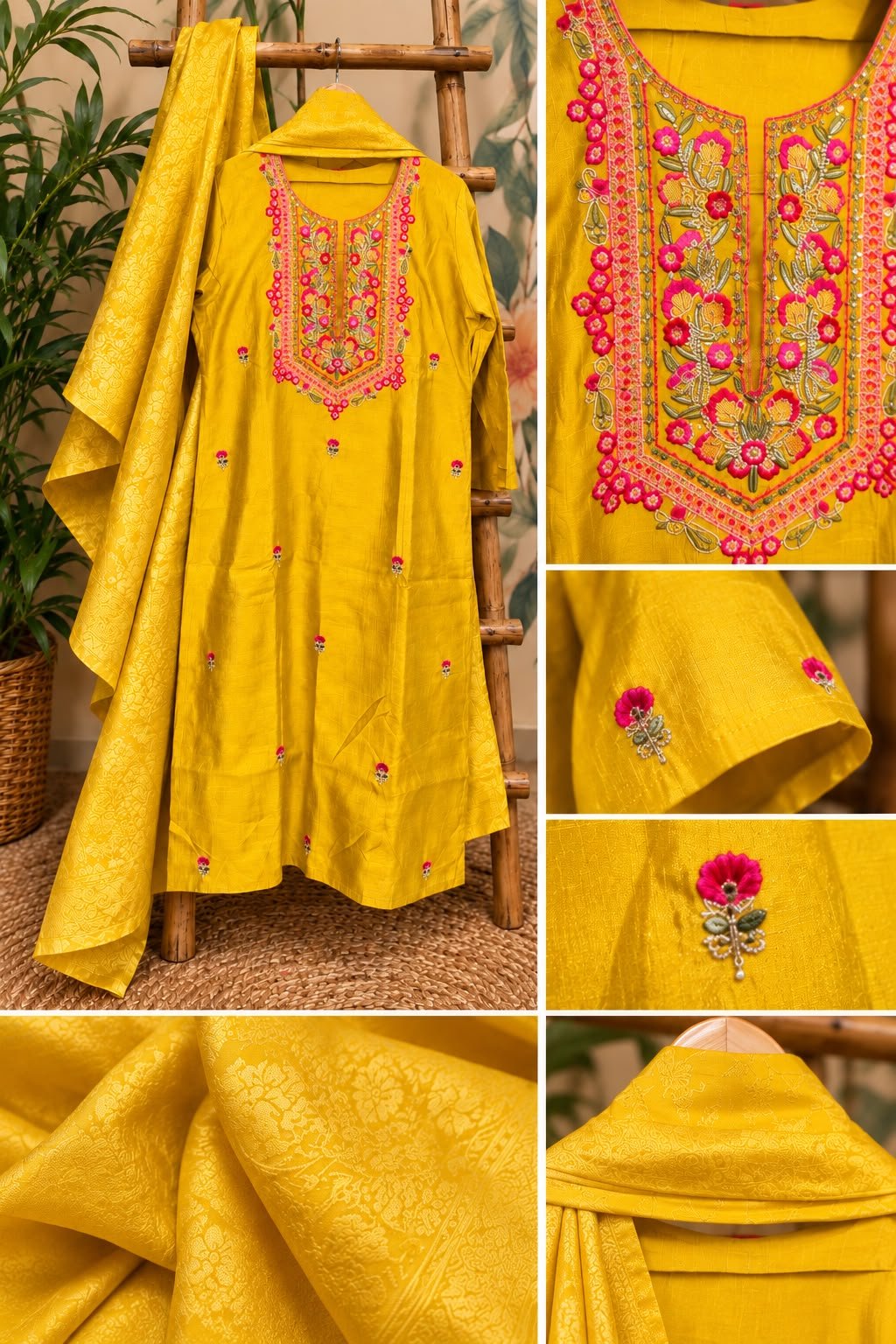 Elegant Yellow Semi-Silk Handwork Top(T.L.47) Pant(P.L.37)& Dupatta Set - Image 2